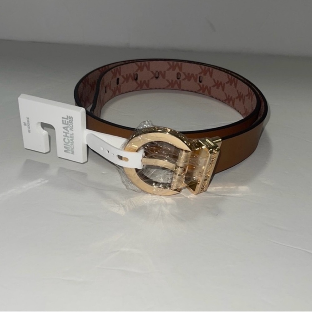 MICHAEL KORS MK Logo Twist Reversible Genuine LEATHER Luggage & Pink Belt Sz M